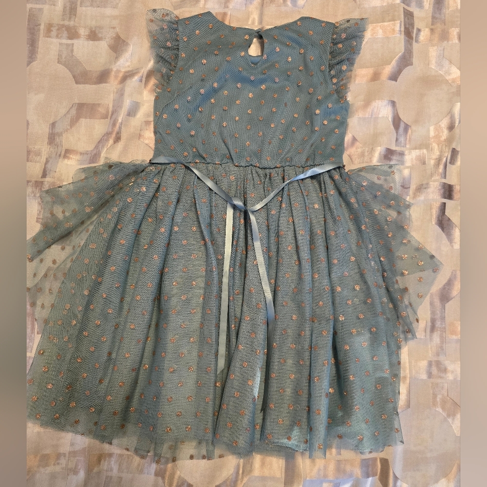 Blue and gold polka dot dress